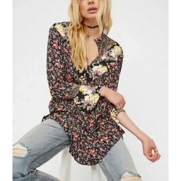 FREE PEOPLE Wildflower Fields Floral Tunic Boho Peasant Size Large - Picture 1 of 9